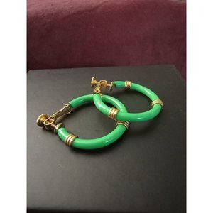 Vintage Napier Wire Wrap Green Enamel Hoop Earrings Clip